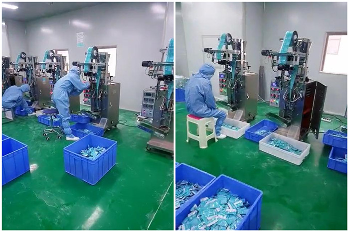 湖南可孚醫(yī)療科技發(fā)展有限公司車間-工作人員正在測試抑菌粉自動包裝機-小袋食品藥品粉末包裝機生產(chǎn)